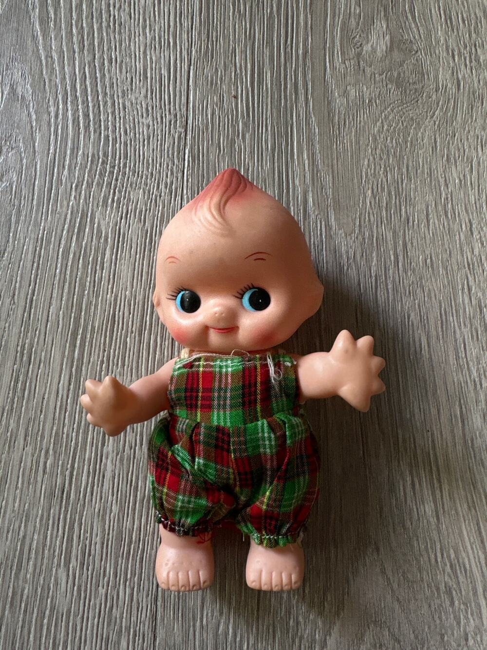 Vintage Kewpie Doll 6” Gingham Overalls Green Red